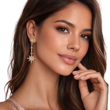 Imagem de Brinco Feminino Estrela Dourado Longo Elegante Festa Luxo