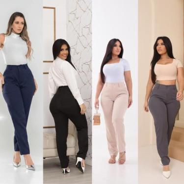 Imagem de Calça Reta Alfaiataria Feminina Social Cintura Alta Com bolso na frent