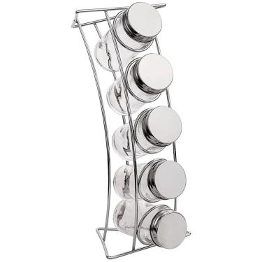 Imagem de Porta Condimentos Kit com 5 Peças em Vidro e Aço Inox com Suporte em Aço Cromado Transparente Euro