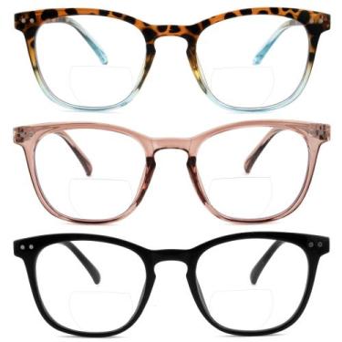 Imagem de Óculos de Leitura Ryegis Kit com 3 Unidades Retro Quadrado Bifocal UV