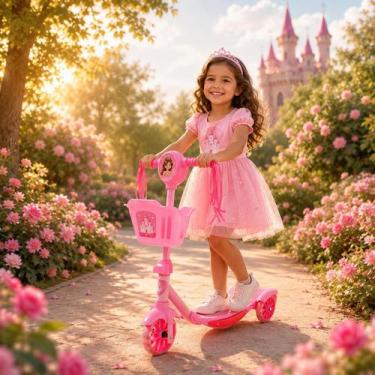 Imagem de Patinete Infantil Rosa Zippy Toys 3 Rodas com Luz LED Música Cestinha 