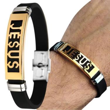 Imagem de pulseira ouro dourada placa banhada masculina jesus cristo presente so