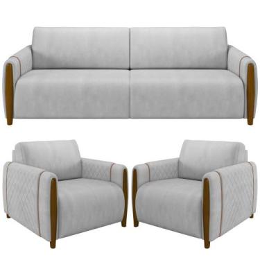 Imagem de Kit Sofá 03 Lugares Sala Estar 223cm Com 02 Poltronas Flora Pés Madeir
