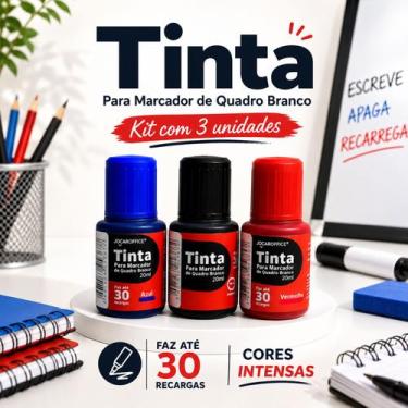 Imagem de Kit 3 Tintas Para Marcador Quadro Branco Jocar Office 20ml Recarga