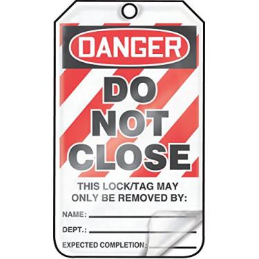 Imagem de Accuform Etiquetas de bloqueio, pacote com 25, Danger Do Not Close, etiquetas compatíveis com OSHA feitas nos EUA, à prova de intempéries e resistente a produtos químicos, laminado PF-Cardstock, 14,6 cm x 8,2 cm, MLT428LTP