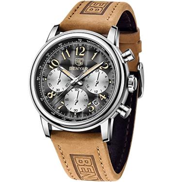 Imagem de BENYAR Relógio masculino de quartzo à prova d'água, cronógrafo, número de data, relógio esportivo casual, pulseira de couro, cinza, azul, preto, analógico, masculino, Cinza