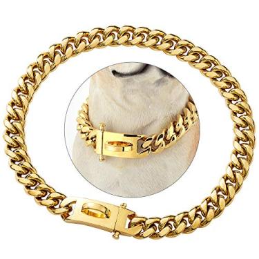 Imagem de PRADOG Coleira de corrente de ouro para cães designer coleira de corrente de elos cubanos com fivela de design de segurança 15 mm colares de caminhada de aço inoxidável de metal (15 mm, 10 polegadas)