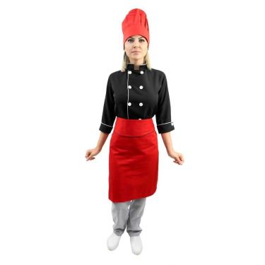 Imagem de Kit chef cozinha feminino Dolmã manga 3/4 + Avental vermelho + Chapéu vermelho