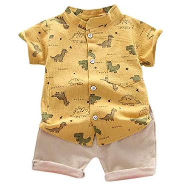 Imagem de Camisetas de dinossauro para bebês + calças conjunto infantil de desenho animado infantil meninos roupas e conjunto de 3 peças para meninos (amarelo, 2-3 anos)