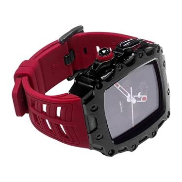 Imagem de CZKE Capa para pulseira de relógio Apple 44mm 45mm capa de para-choque para iWatch Series 7 45mm 6/5/4/SE 44mm pulseira tela de vidro capa de metal modificado (cor: preto vermelho,