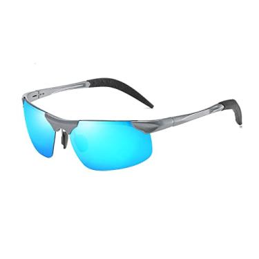 Imagem de Bestgift Óculos de sol masculinos metálicos de meia armação para ciclismo esportivo polarizado, Armação cinza azul, 152MM