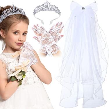 Imagem de 3 peças de véus de primeira comunhão para meninas, faixa de cabeça com strass, coroa de strass, luvas brancas de cetim para primeira comunhão de casamento