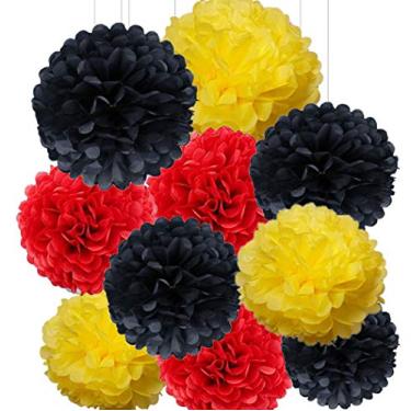 Imagem de 10 peças 10 polegadas vermelho amarelo preto decorações de festa papel flor pompons para Mickey Mouse suprimentos de festa de aniversário/decoração de chá de bebê decoração de casamento