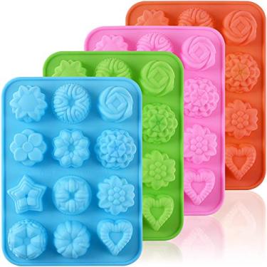 Imagem de Newk Molde de silicone de chocolate em forma de flor, 4 pacotes com 12 formas de assar doces cavidades para festas, festivais e artesanatos - verde + azul + rosa + laranja
