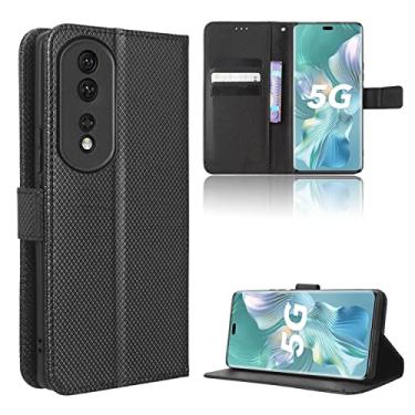 Imagem de Capas de telefone com textura de diamante compatíveis com Huawei Honor 80 Pro 5G capa de couro de luxo slots para cartão de visita clipe de carteira capa de telefone à prova de choque (preto, Honor 80 Pro 5G)