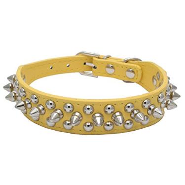 Imagem de Coleira de couro para cachorro design lindo da Avenpets com pontas e parafusos para atividades diáriasAvenpets M:(neck 13-15") amarelo