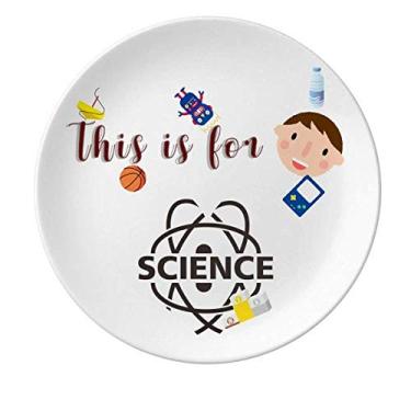 Imagem de Prato de porcelana científica com estrutura molecular em torno do prato de jantar redondo menino homem