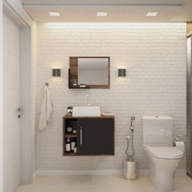 Imagem de Conjunto para Banheiro Gabinete com Cuba Q32 e Espelheira Soft 600  Nogal com Preto Ônix