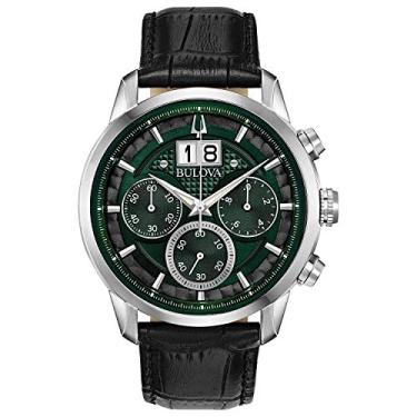 Imagem de Bulova Relógio masculino clássico Sutton com 6 ponteiros com cronógrafo e pulseira de couro para data grande, cristal mineral abobadado, 44 mm, Pulseira de couro verde/preto, Sutton clássico