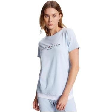 Imagem de Tommy Hilfiger Camiseta feminina de algodão de desempenho – Camisetas estampadas leves, Logotipo bordado azul brisa., G