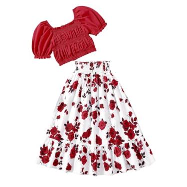 Imagem de OYOANGLE Conjunto de 2 peças para meninas blusa cropped manga bufante e saia evasê franzida floral cintura alta, Vermelho e branco., 14Y