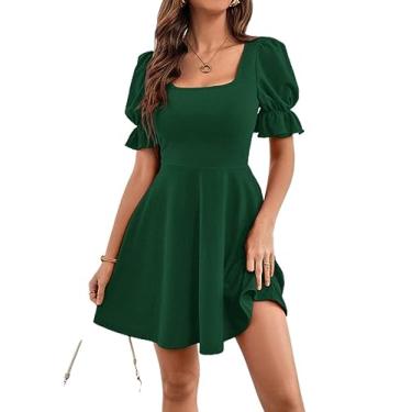 Imagem de Camisa Feminina Square Neck Puff Sleeve A-line Dress (Color : Dark Green, Size : CH)