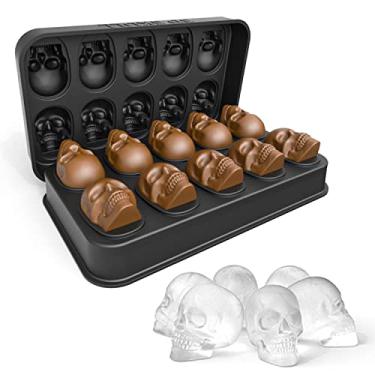 Imagem de Bandeja de molde de cubo de gelo de crânio, bandeja de cubo de gelo de crânio 3d molde de gelo de silicone uísque com tampa transparente para copo de café gelado, coquetéis, chocolate, bolo e festa