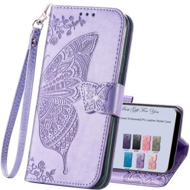 Imagem de HAOTP Capa para celular Samsung Galaxy A15 5G, carteira feminina, flip, porta-cartões de crédito, flor, borboleta, bolsa de couro PU, alça de pulso, suporte para Samsung Galaxy A15 5G, roxo claro