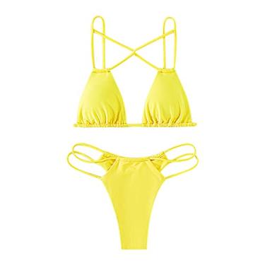Imagem de Conjunto de biquíni feminino atrevido, roupa de banho de praia, grande, gordinho, corte alto, biquíni fofo, Amarelo, M