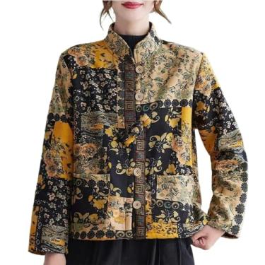 Imagem de JYHBHMZG Jaqueta estilo chinês, algodão, linho, estampada, espessa, algodão, acolchoado, casaco feminino, gola alta, top curto, 3, M