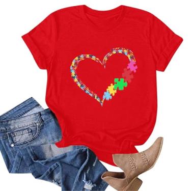 Imagem de Camisetas femininas de conscientização sobre autismo "Be Kind Kindness" com fita de conscientização com suporte para professores de educação especial, D2#_vermelho, GG