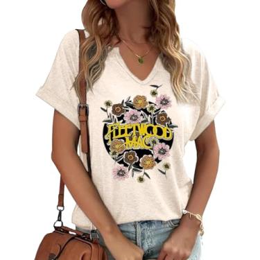 Imagem de Earlymemb Camiseta feminina vintage com estampa de flores e gola V Boho floral flores silvestres casual Cottagecore camiseta manga curta, C-damasco, M