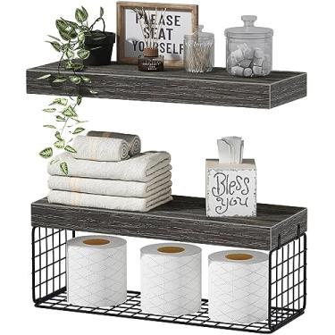 Imagem de Prateleiras para banheiro QEEIG Acima do vaso sanitário, prateleiras flutuantes de parede, armazenamento de papel higiênico, pequena, de decoração de fazenda 40,6 cm, 2 unidades, cinza (019-GY2)