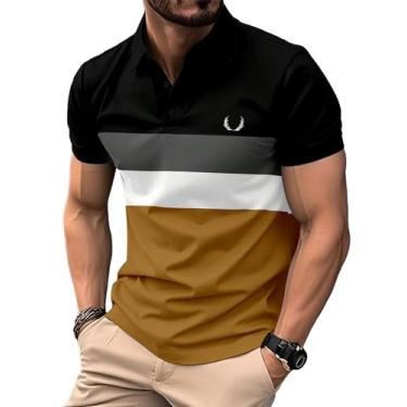 Imagem de SOLY HUX Camisetas masculinas casuais de golfe de manga curta com botões frontais, Preto, marrom, multi, XXG