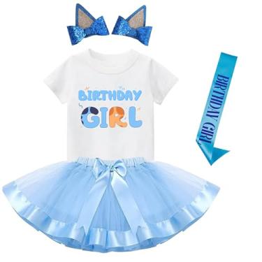 Imagem de K-Acc Roupa de aniversário para meninas – camiseta, orelhas azuis, vestido tutu, faixa de cetim – presentes para festas de aniversário para meninas, Branco, 4-5 Anos