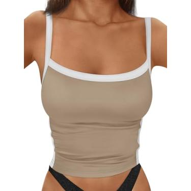 Imagem de Trendy Queen Camiseta feminina regata sem mangas costas nadador camiseta slim fit casual verão 2024, Caqui, M