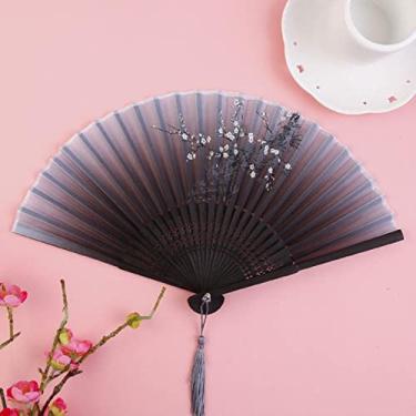 Imagem de YQHWLKJ Ventilador dobrável de seda estilo vintage ventiladores de mão ventiladores de mão arte artesanato menina presente decoração de casa casamento dança ventilador de mão