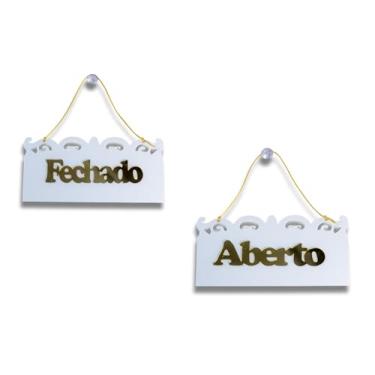 Imagem de Placa Aberto/Fechado em Acrílico (VINTAGE) - Branco com Dourado