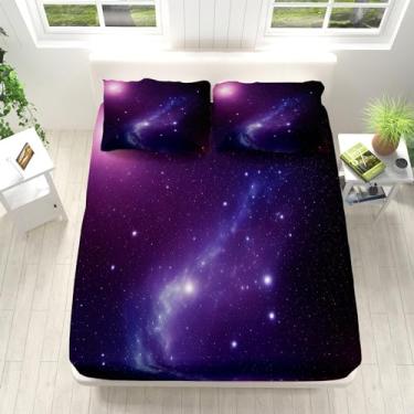 Imagem de Jogo de cama Queen roxo galáxia, céu estrelado e nebulosa de microfibra, 4 peças, lençol de cima com bolsos profundos de 40,6 cm, lençol de cima com 2 fronhas para meninas, meninos e crianças