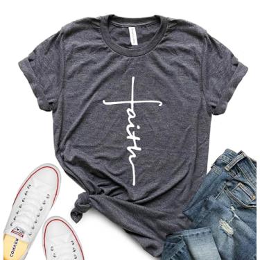 Imagem de ROKO CLOTHING Camiseta feminina feminina com estampa de letras de manga curta Faith Shirts, Cinza escuro mesclado, M