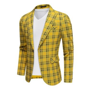 Imagem de NOVELOVE Blazer masculino xadrez, casual, caimento justo, jaqueta xadrez esportiva com um botão, Amarelo, 46