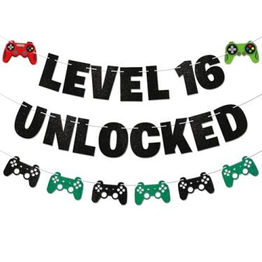 Imagem de Banner desbloqueado nível 16 - tema de videogame, decoração de festa de aniversário de 16 anos, tempo para jogo adulto na placa, decoração de festa de vencedor de nível, Happy Sweet 16 artigos de