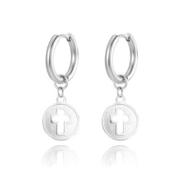 Imagem de par de brinco argola não escurece mini cruz crucifixo redondo em aço i