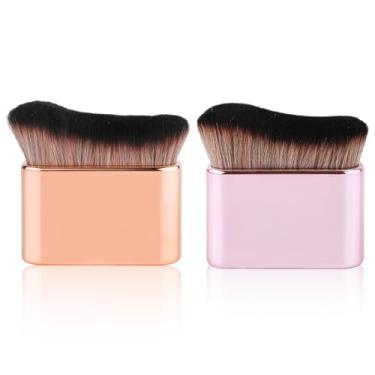 Imagem de 2 pincéis autobronzeadores, base líquida para pincel autobronzeador Kabuki, aplicador de pincéis de maquiagem corporal para autobronzeador facial (rosa rosa, dourado)