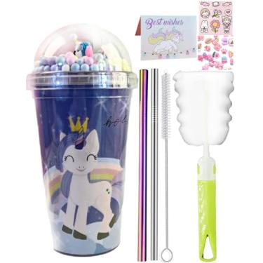 Imagem de Copo de viagem de unicórnio com canudo brilhante copo de gelo freezer caneca copo de plástico piquenique festa presente de aniversário (sorriso coroa unicórnio 1, 450 ml)