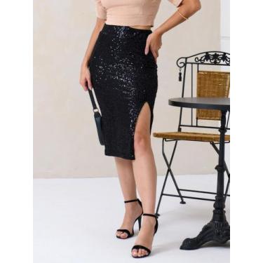 Imagem de Saia midi de paete luxo/festa/glamour/brilho  - Lumia, Preto, PP