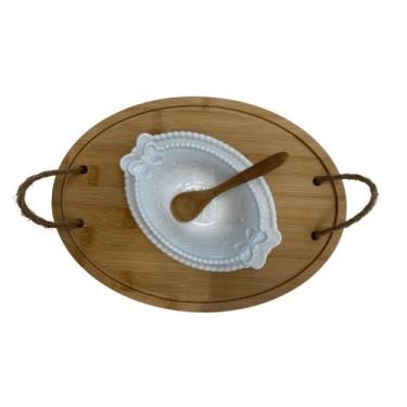 Imagem de Bandeja de bambu com alça em corda e petisqueira e pratinho - Utensili
