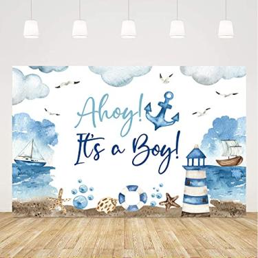 Imagem de Ticuenicoa Ahoy Pano de fundo náutico para chá de bebê menino é um menino, nuvens brancas, farol do mar marinho azul, fundo de navio para bebê recém-nascido, revelador de gênero, faixa de decoração de festa, adereços de cabine de fotos, 1,5 x 91 cm
