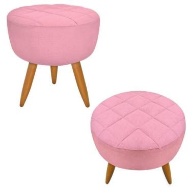 Imagem de Kit 02 Puff Banqueta Maitê Redondo Suede Rosa Pés Castanho - Maitê Mod