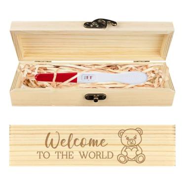 Imagem de CHGCRAFT Caixa de lembrança de teste de gravidez, urso de pelúcia fofo, caixa de presente de anúncio de gravidez de madeira com fita de ráfia e cadeado presentes de anúncio para pai marido, 20 x 5 x 3